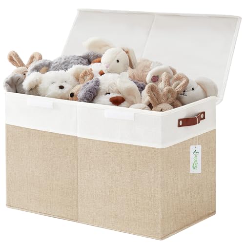 Large Toy Storage Box with Lids, Collapsible Sturdy Baby Storage Organizer Chest Bin Basket for Kids, Boys, Girls, Playroom, Nursery, Bedroom, Closet 25″x13″x16″ (Beige and White)