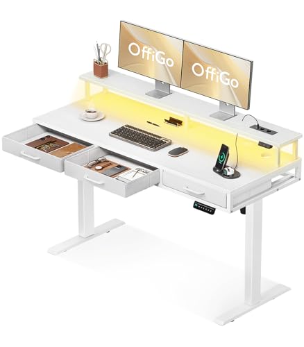 OffiGo , Höhenverstellbarer Schreibtisch mit Monitorständer 140cm Elektrischer Schreibtisch mit Schubladen, Stehpult mit Steckdosen und Lichtleiste, Tisch Höhenverstellbar Bürotisch, Weiß