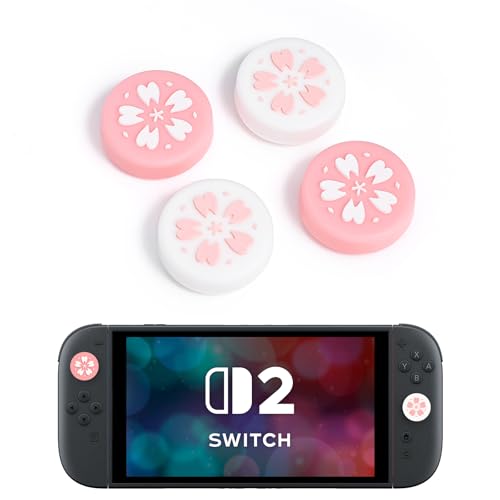 DLseego Thumb Grip Caps for Switch 2,4PCS Kawaii Pretty Flowers Joystick Cover,Non-slip Silicone Enhance Control Comfort Analog Stick Button Cap,White + Pink