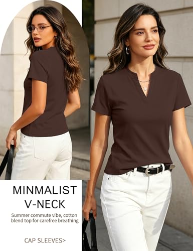 Image of Meetrendi Women's Notch V Neck T-Shirt Slim Fit Premium Cotton Blend Short Top