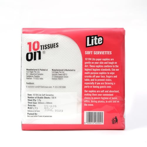 Image of 10on Lite Soft Napkins, 1 Ply Tissue Paper, 100 Pulls per Pack, Pack of 6 (100 x 6 = 600 Sheets)