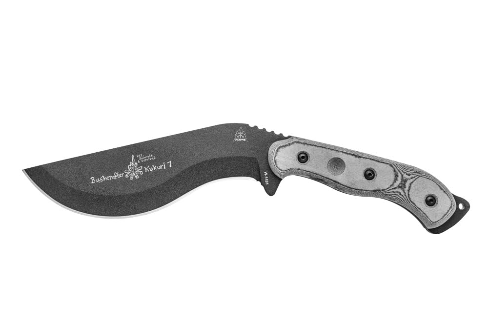 Tops Knives Bushcrafter Kurkri 7.0 Full Tang Fixed Blade- Black Traction Coating Blade Finish- OD Green Kydex Sheath w/Dangler
