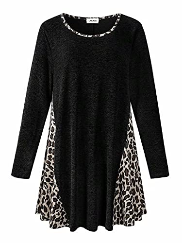 Larace Leopard Print Tops For Women Plus Color Block Sweatshirt Pullover Sweaters Long Sleeve Tunic Loose Shirts, C-Black Heather 2X #TOP20
