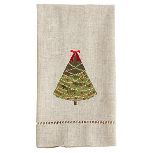 Saro Lifestyle Embroidered and Hemstitched Ribbon Christmas Tree Guest Towel (Set of 4), Natural, 14"x22"