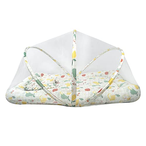 Image of TIDY SLEEP Baby Bed, Mosquito Net & Neck Pillow, Baby Gadda Set for New Born, 0M+, Printed Baby Gadda, Baby Sleeping Bed of 90cm x 65cm x 10cm, Fruits