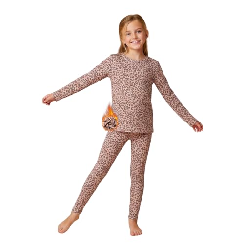 WELAKEN Girls Warm Thermal Underwear Set Kids Winter Base Layer Long Johns Sets for Cold weather/skiing, Heart Leopard, 5 Years