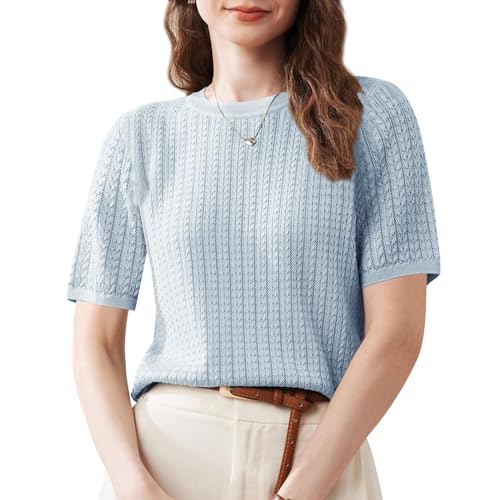 Image of Wowcarbazole Womens Summer Tops Short Sleeve Casual Crew Neck Fashion T Shirts Knit Pullover Sweater Trendy 2024