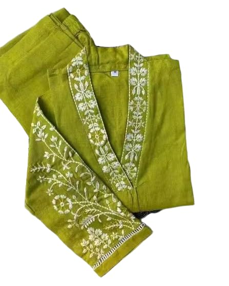 Cotton Blend Embrodered Kurta Bottom Set with dupattaMehendi v nack Paiir-picture-54