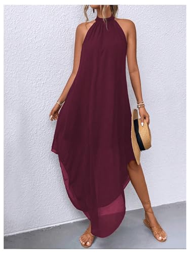 Image of Verdusa Women's Wedding Guest Dress Halter Flowy Chiffon Long Dresses | Cocktail Dress, Asymmetrical Dress for Women, Sleeveless, Prom Dress, Cruise Outfits, Boho