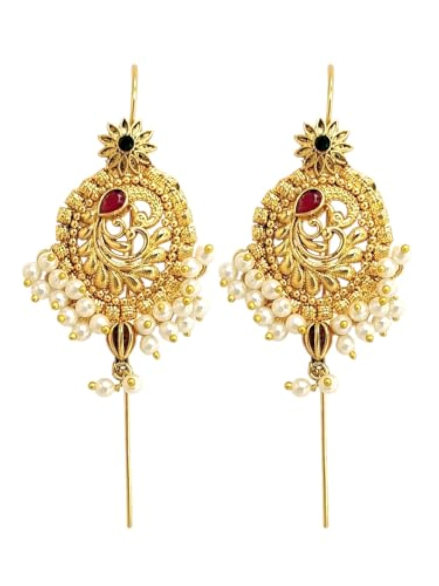 Gold Plated Traditional Peacock Needle Ear Cuff Earrings