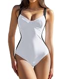 QINSEN Swimsuit Seamed Cup Deep V Neck High Waist Bathing Suits for Women Color Block Monokini White Black L