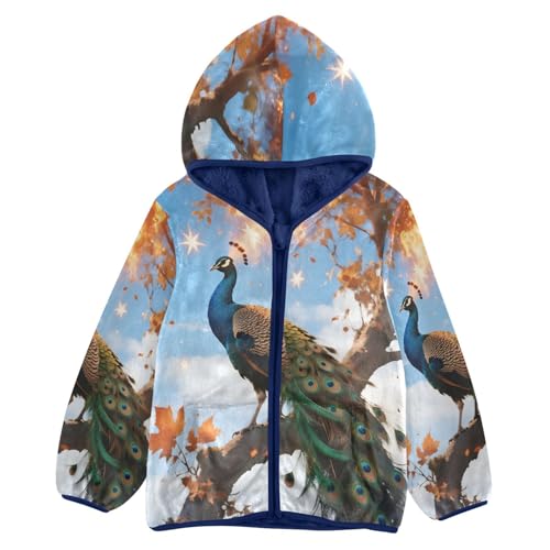 Peacock Perched Amidst Falling Leaves Toddler Fleece Jacket Girl Boys Hooded Fleece Jacket Coat