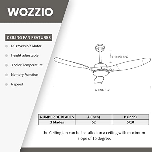 Wozzio Ceiling Fan 52" Ceiling Fans With Lights Remote Control,White Ceiling Fan 3Cct 22W Dimmable Led Light,3 Reversible Blades,Dc Motor 6 Speed Outdoor Ceiling Fan For Bedroom/Patios/Living Room #TOP4