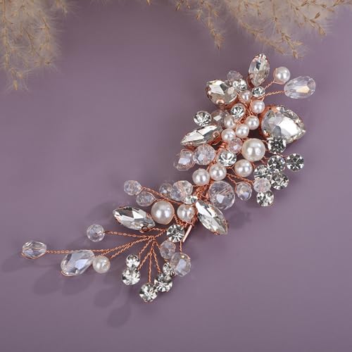Rumtock Crystal Rose Gold Hair Clip for Women Wedding Bridal Handmade Hair Accessories Side Headpiece Jewelry (Rose Gold)