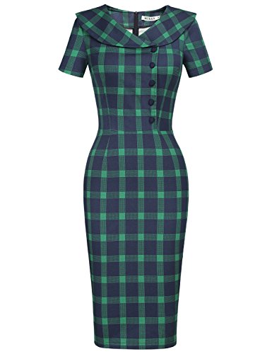 MUXXN Women's 1940s Bodycon Slim Midi OL Work Dress (Green Plaid L)
