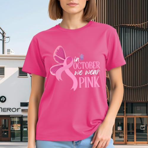 Image of Breast Cancer Awareness Ribbon Shirt Women-in October We Wear Pink Tees | Meaningful October Breast Awareness Cancer Shirt Pink Butterfly Short Sleeves Perfect for Survivors and Family Supporters