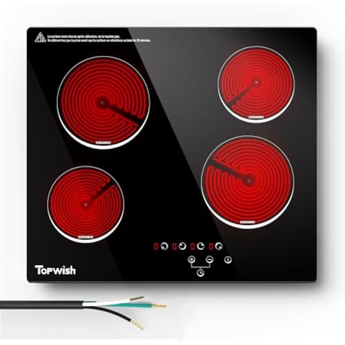 4 Burner Electric Cooktop, TOPWISH 24 Inch, Built-in Electric Stove Top, 220-240v Radiant Cooktop with Child Lock, Touch Control, Residual Heat Indicator, Overheat Protection, Hard Wire (No Plug)