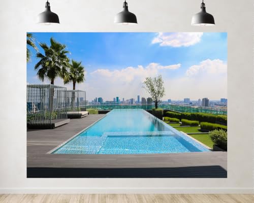 Trykid 5x5ft Rooftop City Pool Backdrop Blue Tile Pool Palm Tree Urban Skyline Modern Photography Background High End Resort Shoot Party Decoration Tapestry Photo Booth Prop Fabric