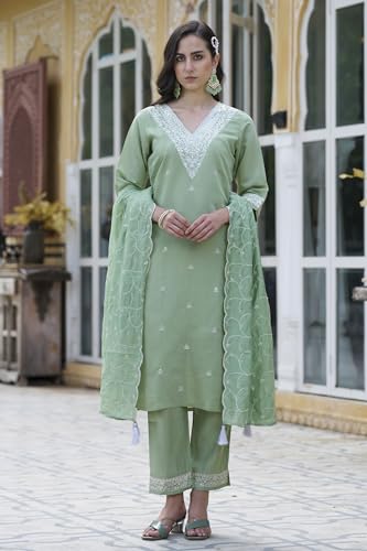 Image of VredeVogel Women's Silk Blend Kurta Pant Set with Chanderi Embroidery Work Dupatta