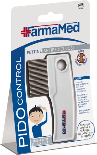 FARMAMED PidoControl Peigne Anti-Poux et Lentes, avec Loupe, Dents en Acier Inoxydable, Pointes Arrondies, Manche Ergonomique Cover