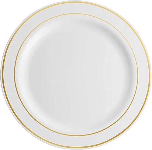 Munfix 100 Gold Plastic Plates Set, 7 Inch Disposable Dessert Appetizer Plates, Elegant Fancy Heavy Duty for Party, Wedding, White with Gold Rim