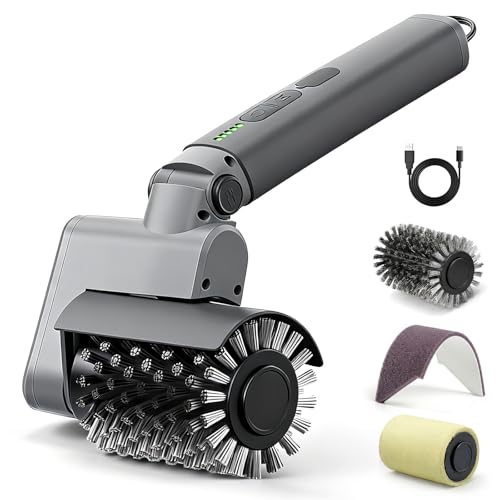 Lenzhan Electric Grill Brush 3-in-1 Kit – Cordless BBQ Cleaner with Reinforced Safe Metal Bristles – 2 Hours Runtime, Waterproof & Dishwasher Safe Removable Brushes for Deep Cleaning (Light Gray)
