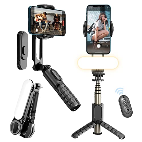 RXGAMING ジンバル スマホ 三脚 自撮り棒 スタビライザー セルカ棒 LEDライト付きリモコン付き 自撮り用 iPhone/Android対応 6段階伸縮 Bluetooth 360°美顔 9階段調光 単軸 じどり棒 折畳み式 手ブレ防止 多機能 360°自動回転 超軽量 持ち運びに便利 日本語取説付属