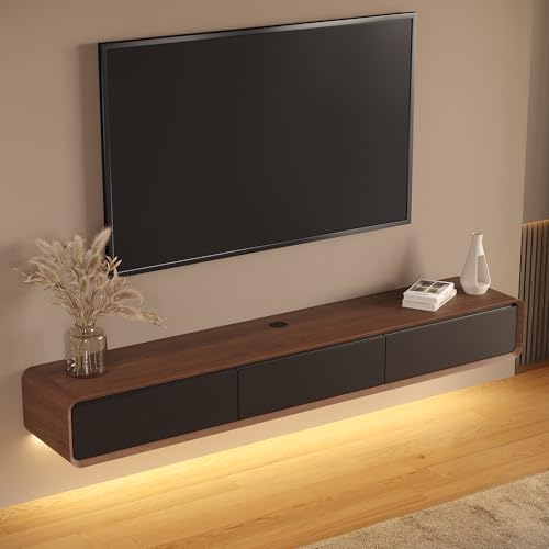POVISON Fully-Assembled Minimalist Floating TV Stand with LED Lights, Modern Wall-Mounted Media Console with 3 Flip-Down Cabinet Doors for 75 Inch TV, Walnut Veneer, 78"