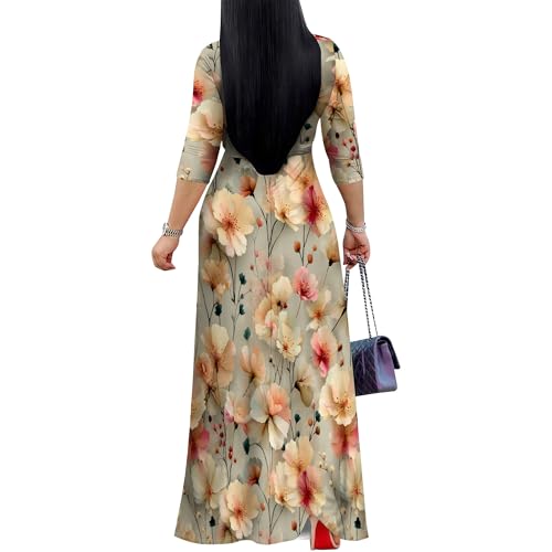 Image of Women Plus Size Long Sleeve V Neck Maxi Dress with Belt | Soft fabric relaxed fit three quarter sleeve v neck with pockets for party and daily wear