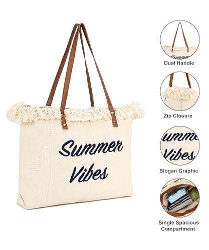Image of GRECIILOOKS Eco Canvas Boho Tote Bag for Women, Spacious Jute Handbag with Faux Leather Straps, Frayed Edge & Floral Print, Lightweight Shoulder Bag for Beach Travel Shopping Work