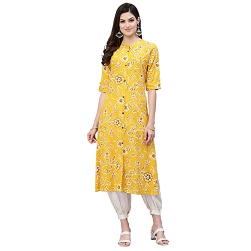 Image of Stylum Women's Aqua Floral Printed Rayon A-Line Kurta | Comfortable Daily Office & Casual Wear (Available in Plus Sizes)