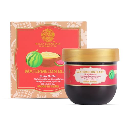 Image of RYLLZ ESSENTIALS Watermelon Blast Body Butter | with Shea Butter, Cocoa Butter, Mango Butter, Niacinamide & Jojoba Oil | for 48Hrs Moisturisation, Stretch Marks, Dry /Itchy Skin & Uneven Skin Tone | 200 ml
