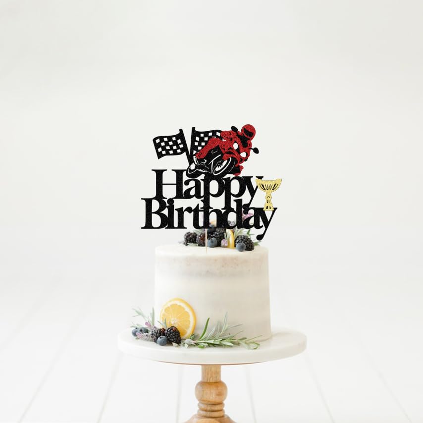 VQOUZVSR Decoración para tartas de motocicleta, con purpurina negra, suministros para fiestas de cumpleaños, niños, hombres, niñas, motocicleta, bicicleta, carreras, decoración de tartas para niños y