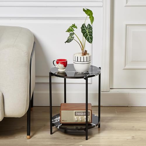 Image of Round End Table 2-Tier Side End Table with White Marble Top，Bedside Table for Living Room or Bedroom, Modern Accent Table with Metal Frame (Black)