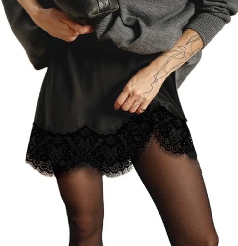 Faymlc Women Satin Lace Mini Skirt High Waist Bodycon Short Silk Skirt Silky Underskirt Elegant Going Out Skirts (Side Split Black, M)
