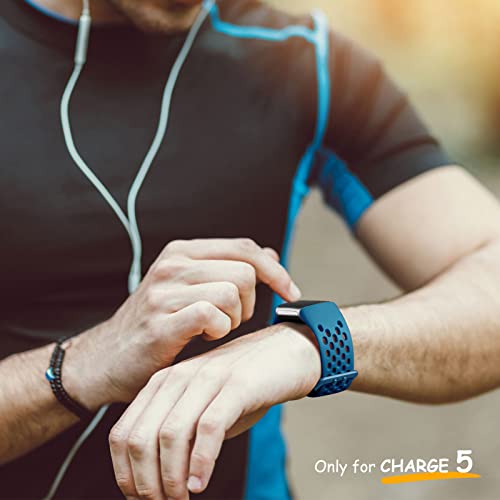 Maledan Compatible With Fitbit Charge 5 Bands Men Women - 3 Pack Sport Band Soft Waterproof Replacement Wristbands Breathable Strap For Fitbit Charge 5, Black/Slate Blue/Green #TOP4