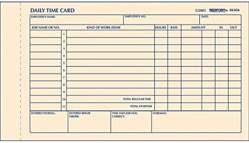 REDIFORM Time Card Pad, Daily, 2-Sided, Manila, 4.25" x 7", 100 Cards (4K406)