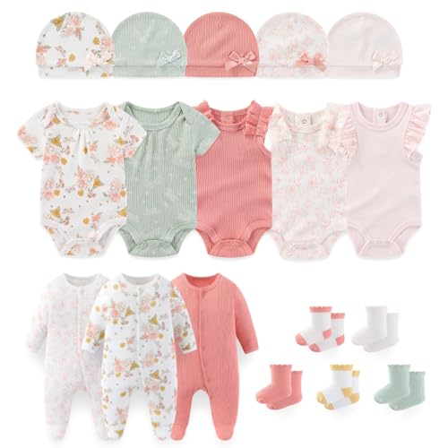 Image of falianni Baby Boy Girl Layette Set 18 Piece Infant Essentials Must Haves Clothes 0-9 Month Rompers+Bodysuits+Hats+Socks