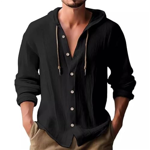 Mens Linen Hoodies Long Sleeve Button Down Shirts Casual Hawaiian Beach SweatshirtsTops