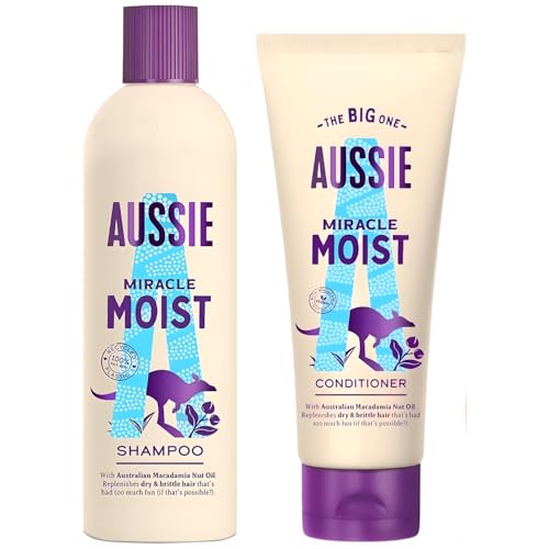 Aussie Miracle Moist Hair Care Bundle Shampoo 250ml & Detangling Conditioner 170ml Lightweight Daily Use Smooth, Shiny & Healthy Hair Suitable for All Hair Types