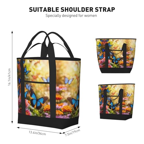 blue butterfly and Flowers Print Tote Bag Adult Heavy Duty For Picnic Beach Camping Large Capacity Insulated Tote Bag3