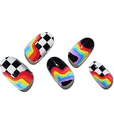 Short Press on Nails Oval with Rainbow, GLAMERMAID Medium Almond Pride Day Nail Gel Fake Nails wi...