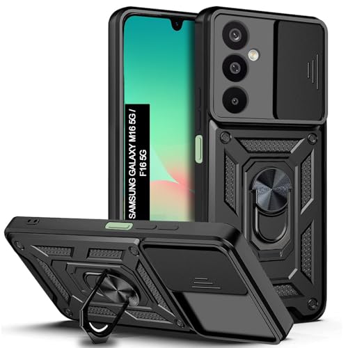 Image of AESTMO Tough Armor Samsung Galaxy M16 / F16 5G Bumper Back Case Cover | Ring Holder & Sliding Camera Cover | 360 Degree Protection Back Case Cover for Samsung Galaxy M16 / F16 5G (Black)