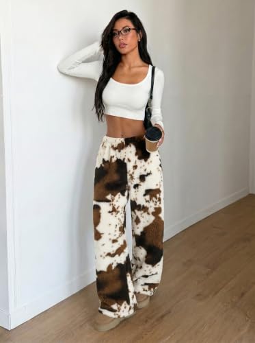 Image of ZAFUL Women's Fuzzy Plush Pajama Pants Wide Leg Pj Bottoms Lounge Pants | Soft Fluffy Sleep Pants Drawstring Elastic Waist Teddy Pjs for Women No Pockets