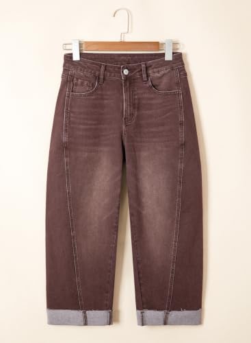Image of Sidefeel Barrel Jeans for Women High Waisted Wide Leg Baggy Stretchy Trendy Raw Rolled Hem Capri Cropped Ankle Denim Pants