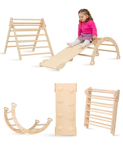 Image of Woodandhearts Pikler Triangle Set: Toddler Climbing Toys Indoor - Montessori Climbing Set & Jungle Gym for Kids 2-6 Years