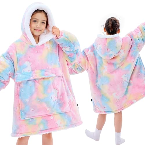 yescool Wearable Blanket Hoodie Kids Glow in the Dark, Oversized Blanket Sweatshirt with Sherpa Teen Girl Gifts for Girls,Boys, 8-15 Year Old Girl Boy Gift Warm Wearable Blankets, One Size, Unicorn