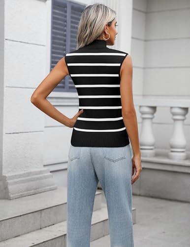 Image of Zeagoo Women's 2024 Mock Turtle Neck Sweater Vest Sleeveless Knit Pullover Tank Tops Casual Trendy Slim Fitted Shirts, Large, Stripe Black