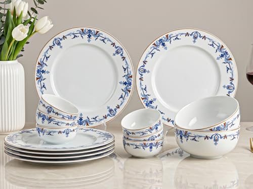 Image of Bodhi House Premium Porcelain Dinner Set 14 Pieces Serving for 6 | Royal Crest Design | Microwave & Dishwasher Safe | Crockery Set | Dinnerware Set for Home, Dining, Kitchen & Gifting