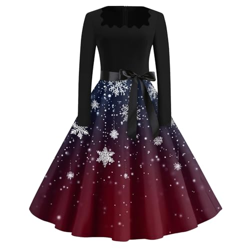 Generisch Rockabilly Kleider Damen Weihnachten Freizeit Weihnachtskleid Kostüm Vintage für Langarm Rot Kleid Hirschohren Elegante Blau S